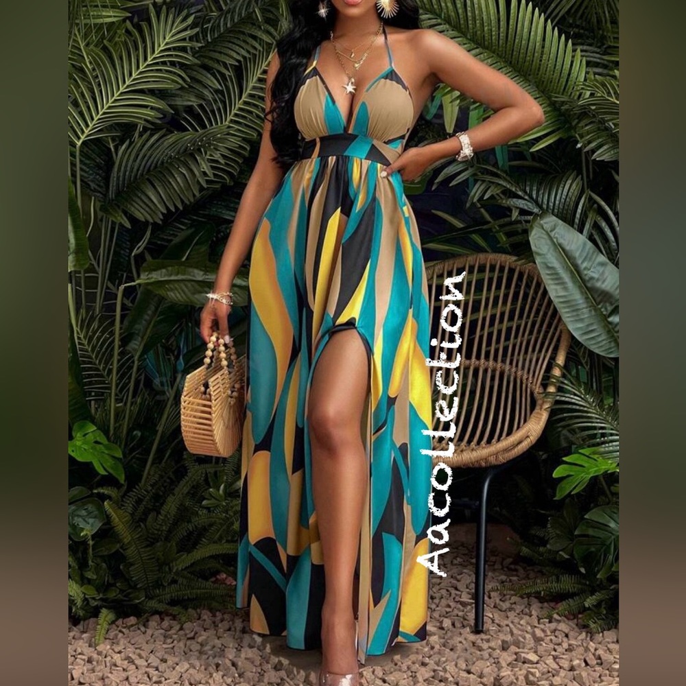 Boho Abstract Print Double Slit Backless Open Back Maxi Dress - Picture 5 of 6